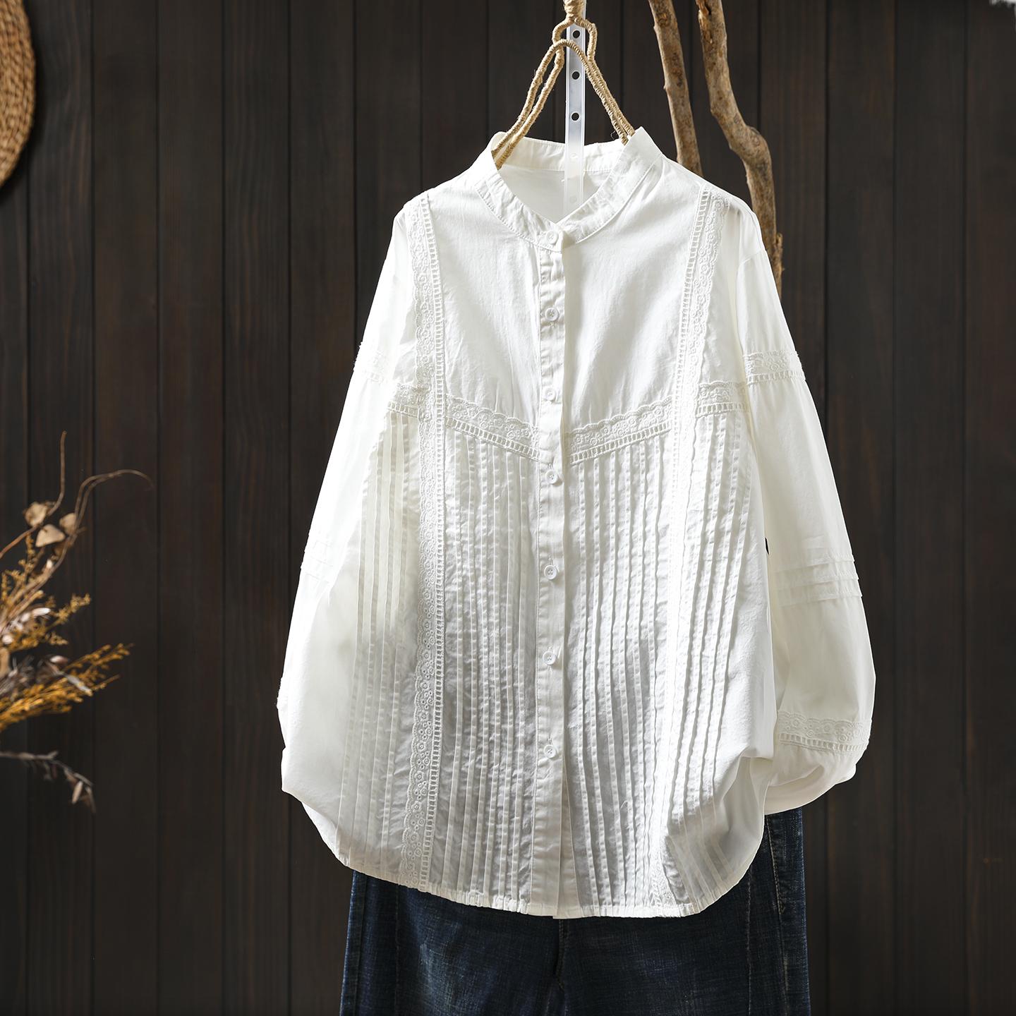 Elegant French-Style Women s Autumn Shirt 2025 - Pure Cotton Patchwork with Accordion Pleats, Loose Fit, Casual. One Size
