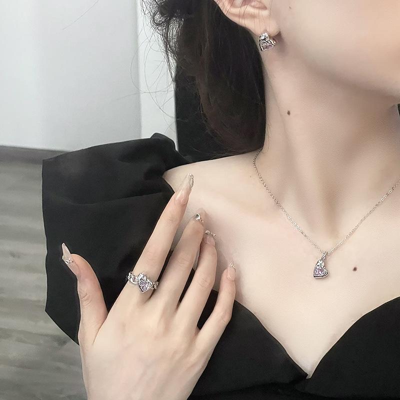 Niche Design Pink Zircon Love Necklace Sweet Cool Wind Stud Earrings High Sense Cold Wind Opening Ring Women