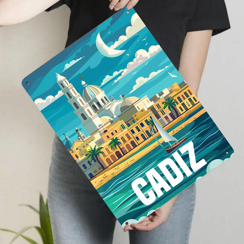 

Cadiz Cityscape Metal Wall Art Spanish Architecture Decorative Painting Living Room Bedroom Hanging Decoration 20x30cm（7.8x11.8inch）