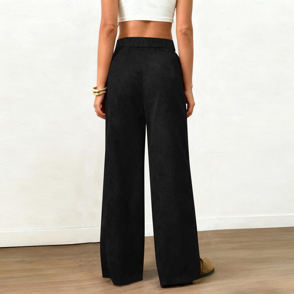 Womens Suede Wide Leg Pants Elastic Waist Loose Fit Trousers Drawstring Waistband with Pockets Casual Style Long Pants