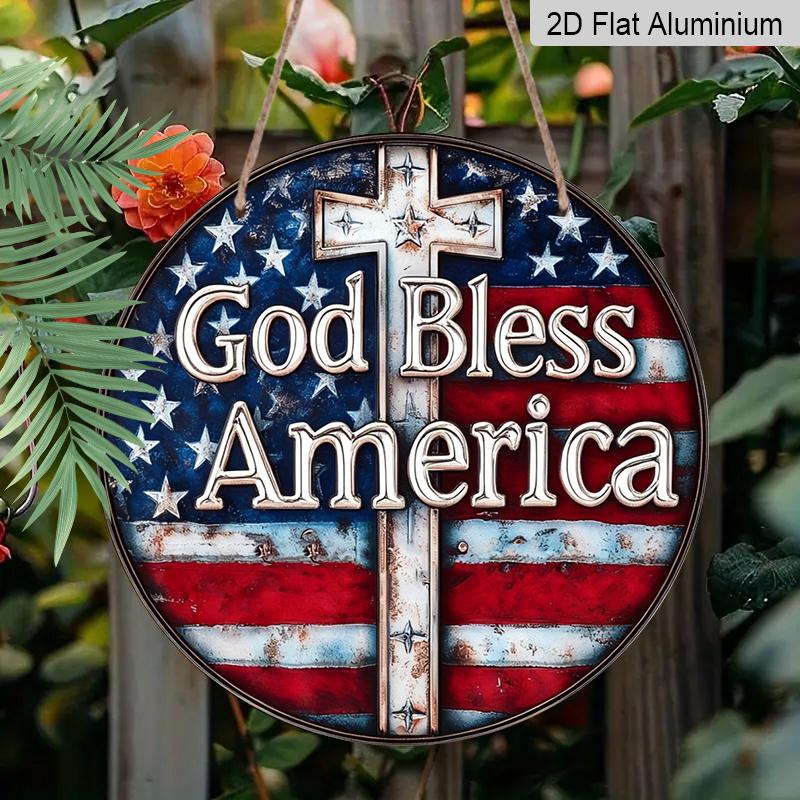 2D Flat, 1pc Vintage "God Bless America" Patriotic Metal Sign with US Flag & Cross Wall Decor, Ideal for Home, Office, for Man Cave, Veterans Day
