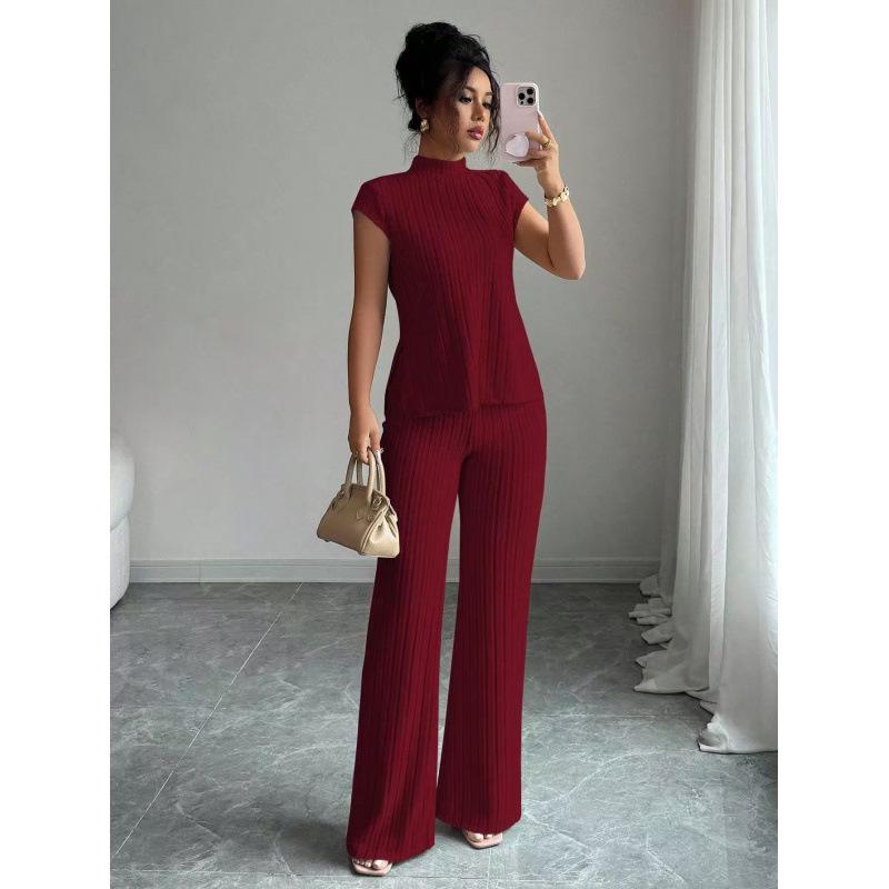 European Women's Solid Color Short-sleeve T-shirt & Ribbed Pants Set - 2025 Style