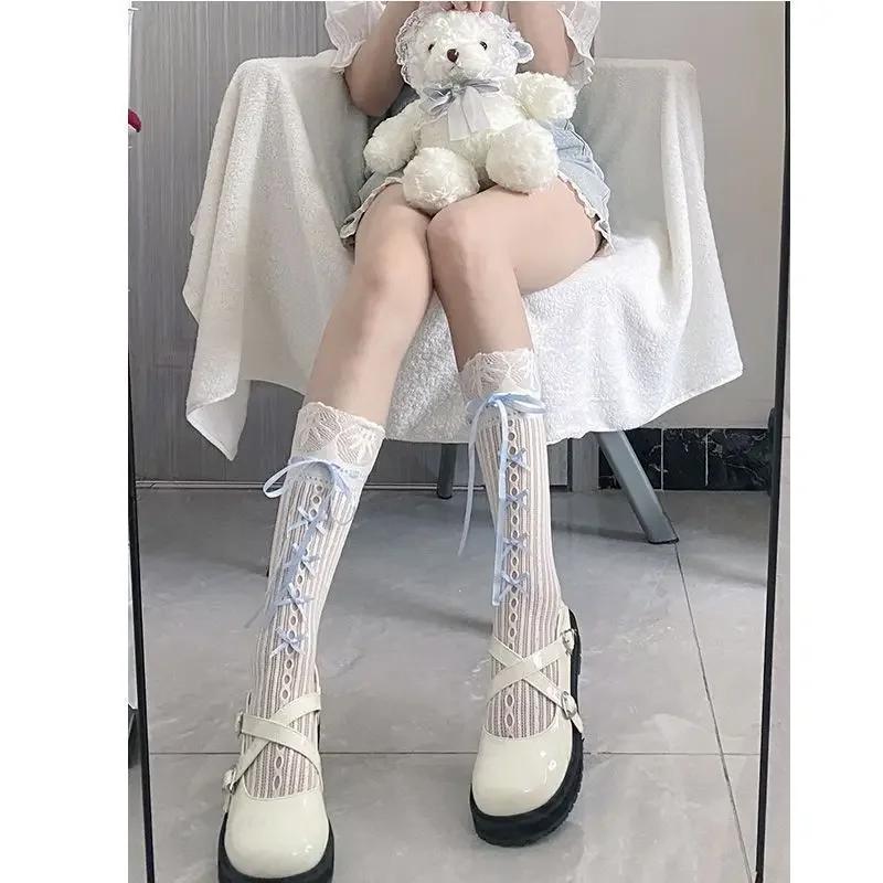 Ballet Elegant Style Sock Ribbon Bows Tie Stocking Hollows Lace Striped Bows Tie Fishnet Long Knee Length Sock for Womens Girl