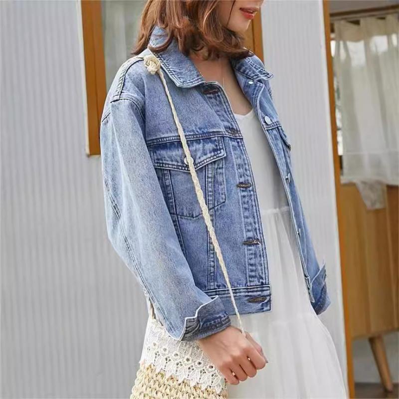 Women'S Denim Jacket For Students, Korean Style, Loose Fit, 2024 Autumn New BF Embroidery Loose Fit Hong Kong Style Denim Top For Women, Trendy
