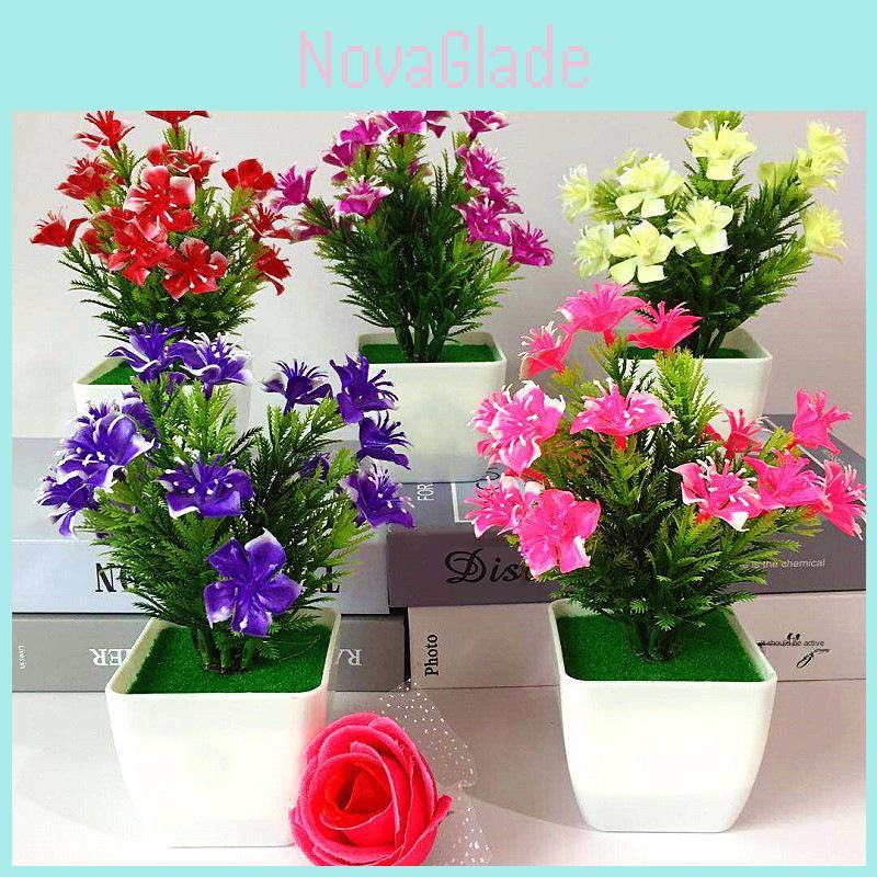 Plastic Lily And Rose Miniature Potted Plant Set With Realistic Faux Flowers For Home Decor