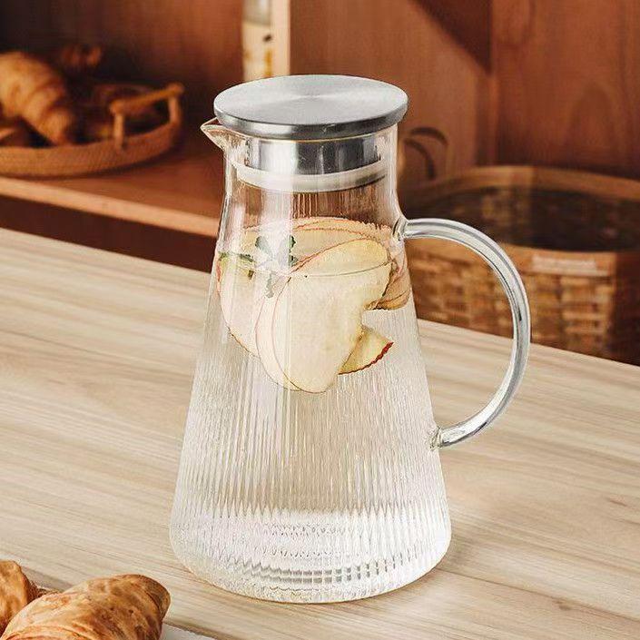Simple Vertical Pattern Cold Water Kettle Stainless Steel Lid Household Hospitality Glass Pot Brewed with Fruit Tea Drink Cold White Cold Water Kettle