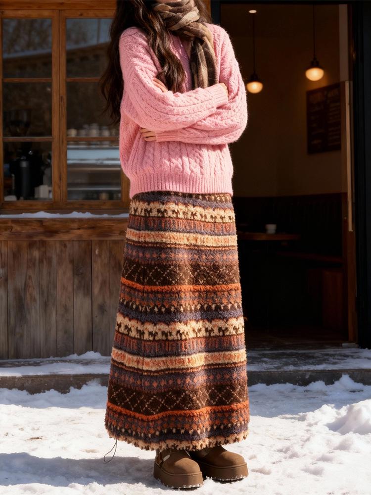 Fair Isle Ethnic Style Women's Fleece Drawstring Lantern Skirt for Autumn/Winter