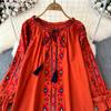 Summer Vintage Women Blouse Embroidered Puff Sleeve Color Block Ethnic Style Camisa Feminina Casual Tops