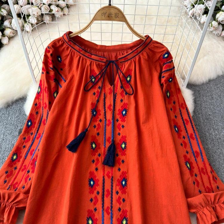Summer Vintage Women Blouse Embroidered Puff Sleeve Color Block Ethnic Style Camisa Feminina Casual Tops