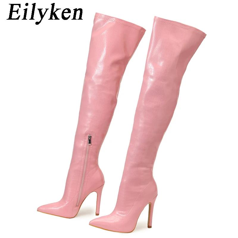Mode Eilyken Sexy Schlangenleder Spitzschuh Damen Overknee Stiefel Mode Reißverschluss Winter Oberschenkelhohe Stiefel Stripper Schuhe