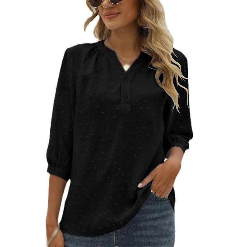 Women's Casual 3/4 Sleeve Henry Shirt V-Neck Button Down Chiffon Blouses Swiss Dot Blouse Pompom Loose T-Shirts Tops