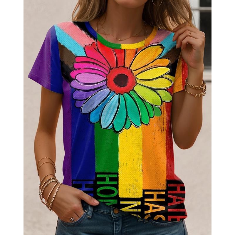 

Women s T-Shirts Rainbow Floral 3D Print Women Casual Short Sleeve T Shirt Summer Harajuku O-Neck Tees Tops Female Clothing XXL