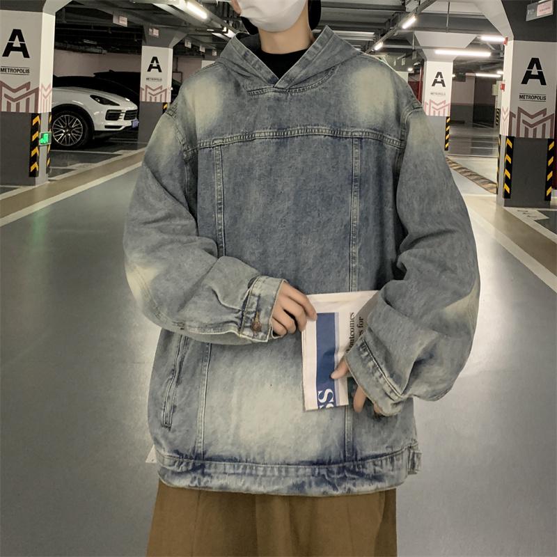 Men's Retro Denim Hooded Sweatshirt Jacket – Washed Distressed Look for Autumn/Winter