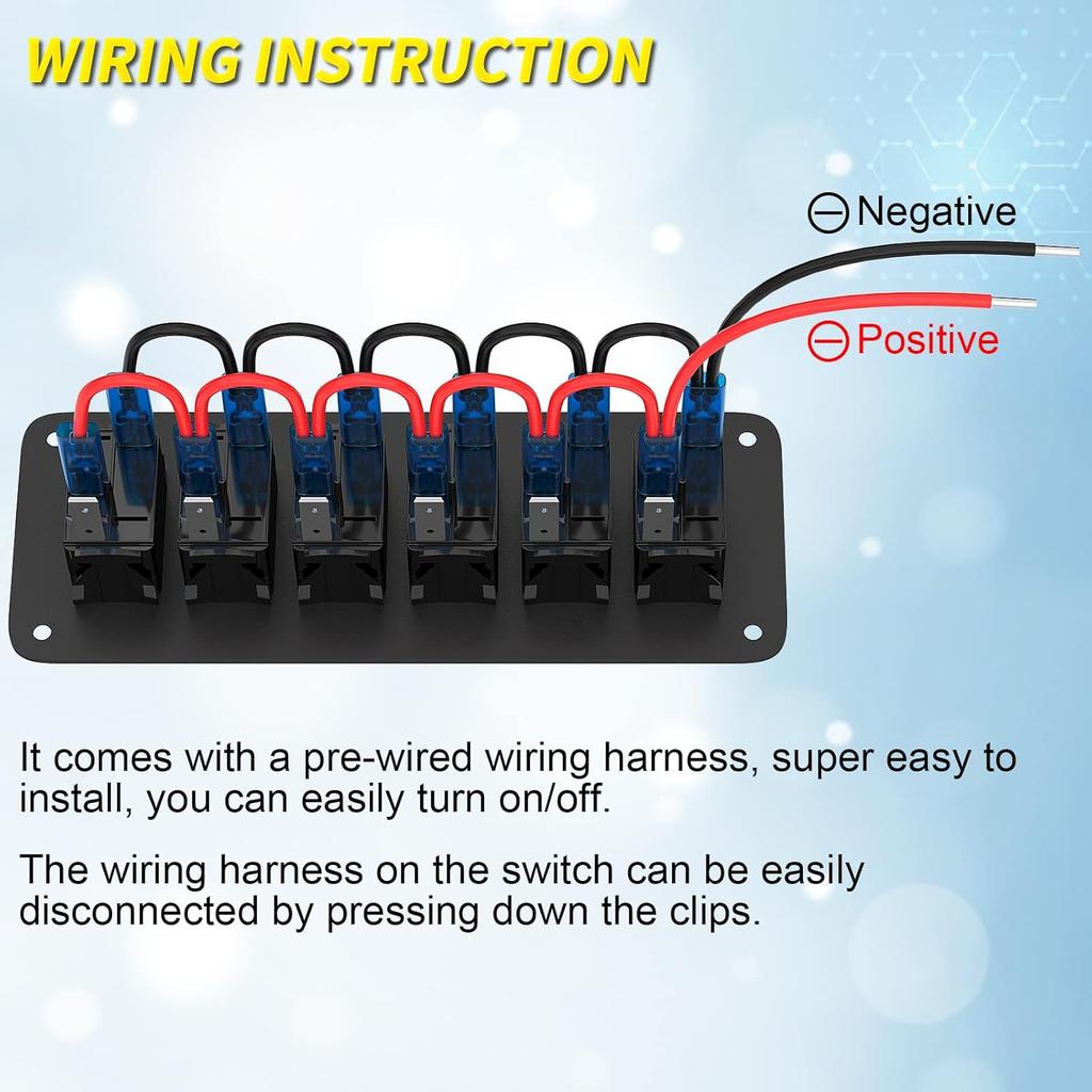 Joinfworld 6 Gang Rocker Switch Panel 12V Marine Boat Switch Panel Waterproof 12 Volt Blue LED Light Toggle Switch Panel ON Off With Pre-Wired For