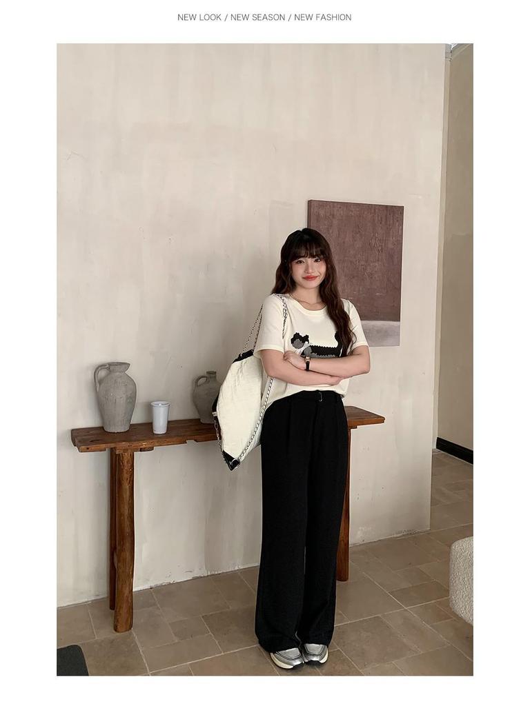 Exquisite Bowknot Kitten Print Round Neck Loose Fit T-Shirt for Women, Plus Size, Short Sleeve Summer Top