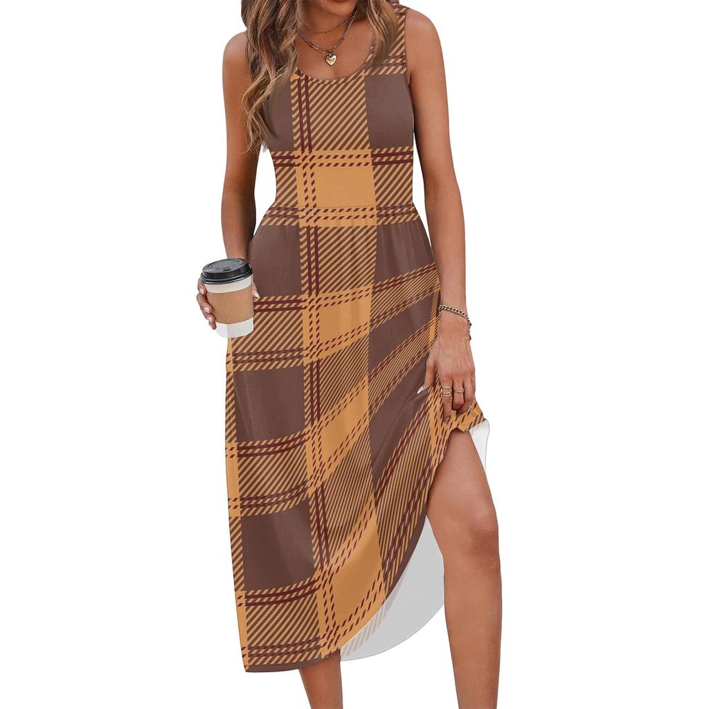 Women Sleeveless Plaid Maxi Dress Casual Loose Fit Summer Beach Dress with Pockets Lightweight Comfortable Sundress