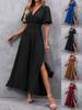 V-Ausschnitt Schlitz Kleid Damen Lässig Einfarbige Hohe Taille Falten Lange Kleider Elegantes Kurzarmkleid