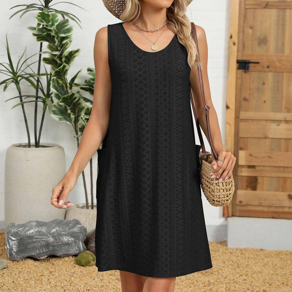 Women's Casual Fashion -Color Round Neck Loose Sleeveless Pocket Dress