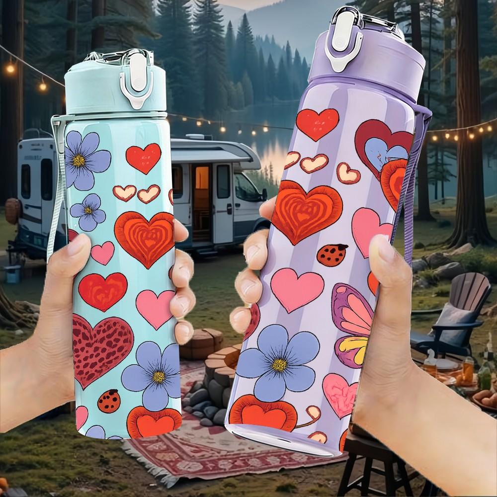 1PC Red Pink Heart Love Dense Pattern Print 750ml Color Plastic Sports Water Bottle Leakproof Flip Straw Lid Suitable for Sports Office Home Use