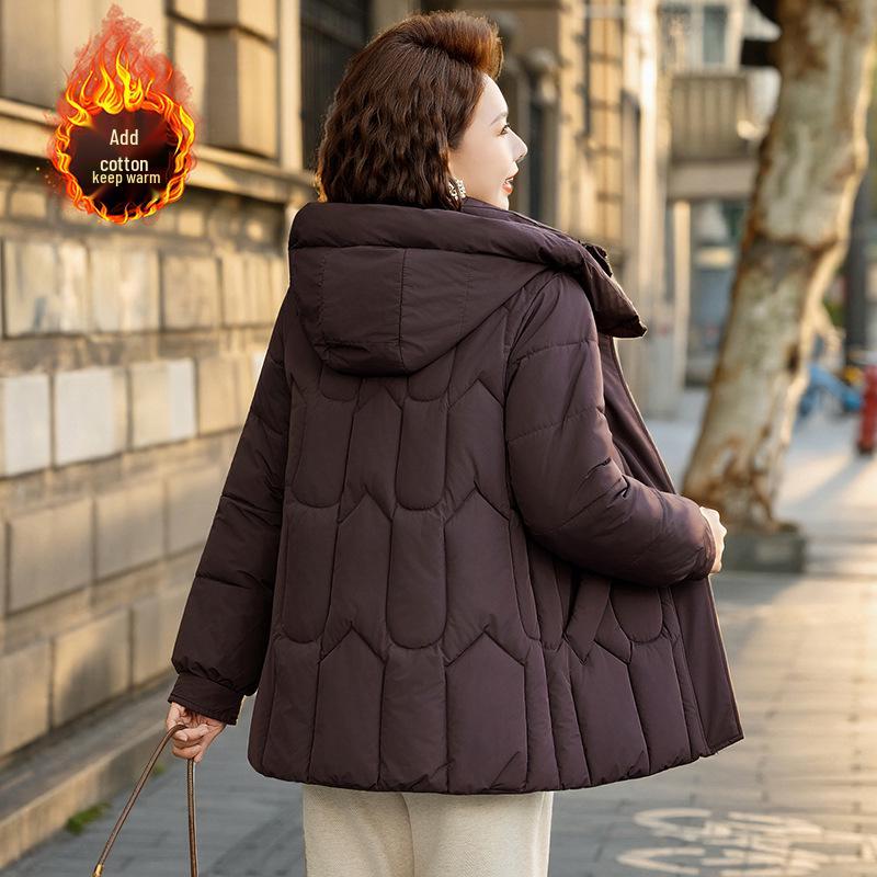 

2025 New Hooded Cotton Jacket for Middle-Aged Women: Autumn-Winter Mid-Length Down Coat 4XL (135-150 lbs) кофейный