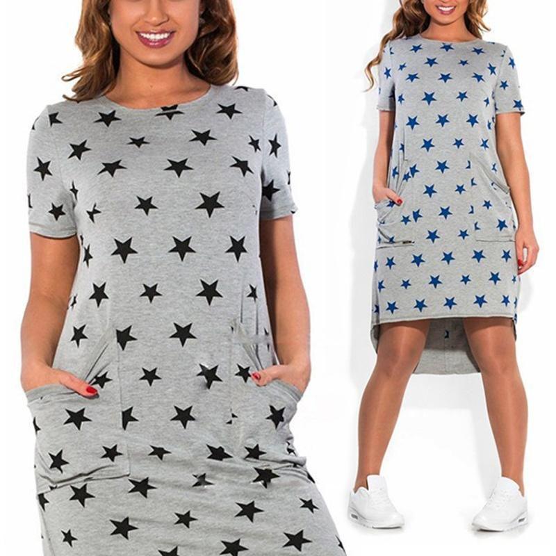 Summer Women Stars Printed Clothing Loose Fit Knee-length Casual Dress In Cotton Blend