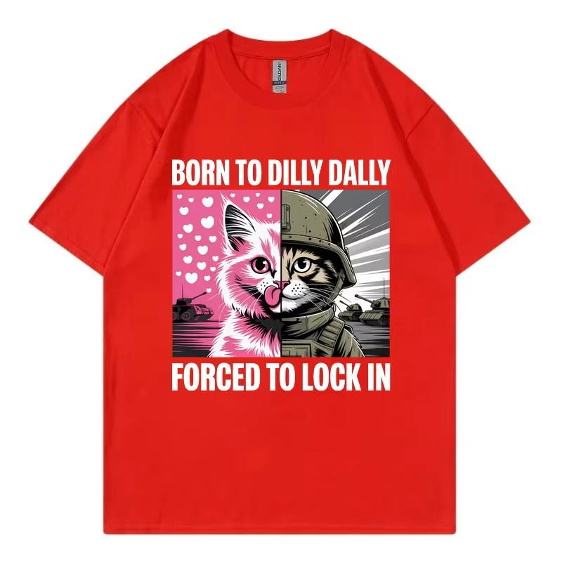 Geboren zum Zaudern Gezwungen zum Einsperren Lustiges Katzen-Meme T-Shirt Lässige Mode Kurzarm-T-Shirts Lockere Baumwoll-T-Shirts