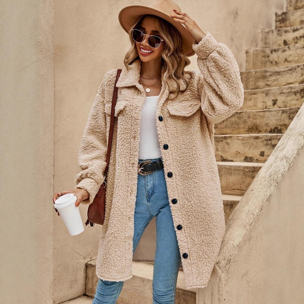 Women's Lapel Long Sleeve Teddy Coat Loose Fit Solid Color Single Button Pocket Commuter Long Fleece Jacket