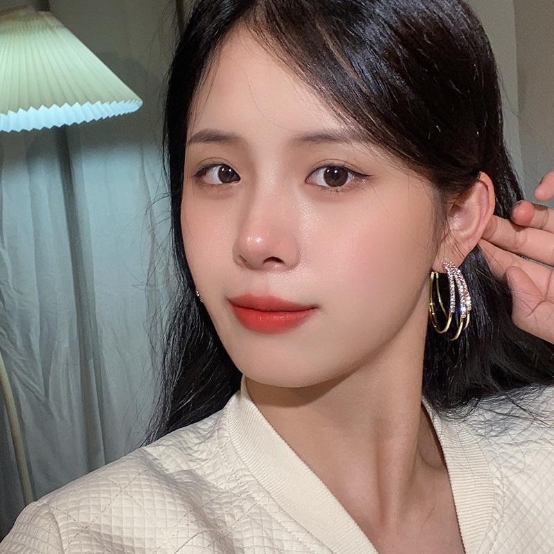 925 Circle Earrings Women'S Korean Temperament Personality Versatile C-Shaped Earrings Temperament Diamond-Set Earrings Women'S Tide