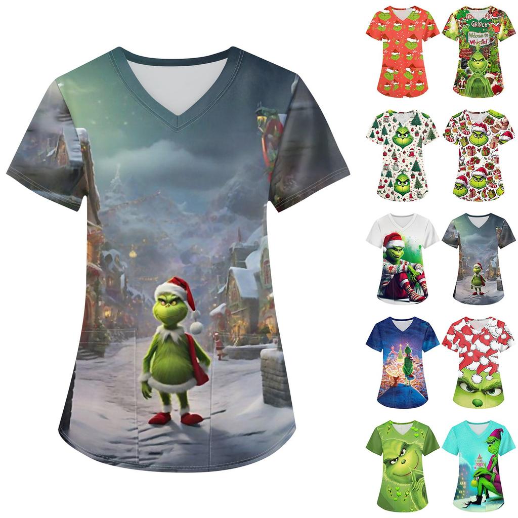 Uniforme da lavoro da donna con stampa natalizia, uniforme da lavoro con scollo a V e taschino protettivo