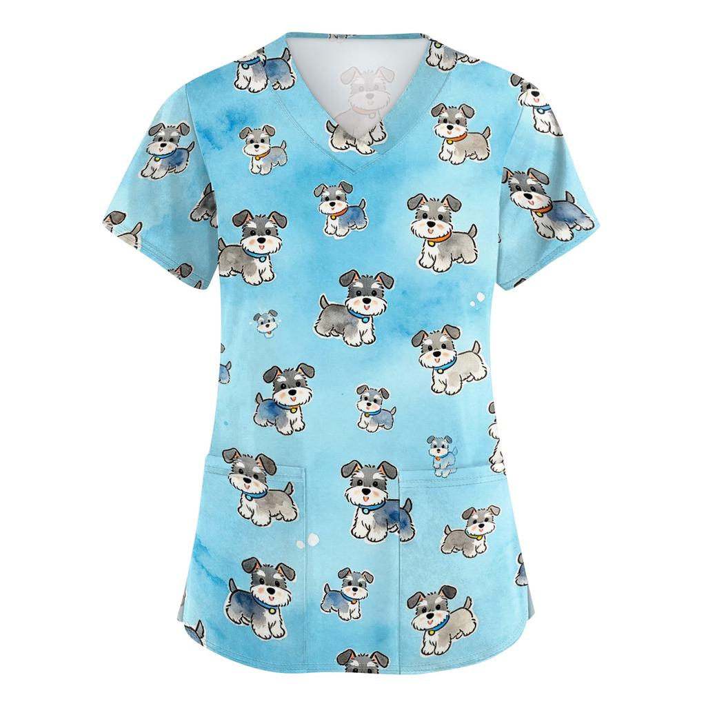 Women's V Neck Short Sleeve Work Top with Pockets Animal Print Medical Scrub Shirt for Healthcare Professionals Nursing Uniform