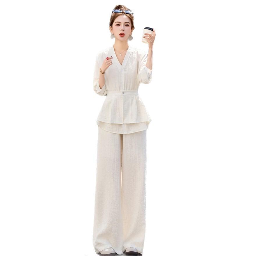 Casual Fashion Suit Women's Spring and  New Design Sense Age-reducing and Thin Shirt Wide-leg Pants Two-piece Set