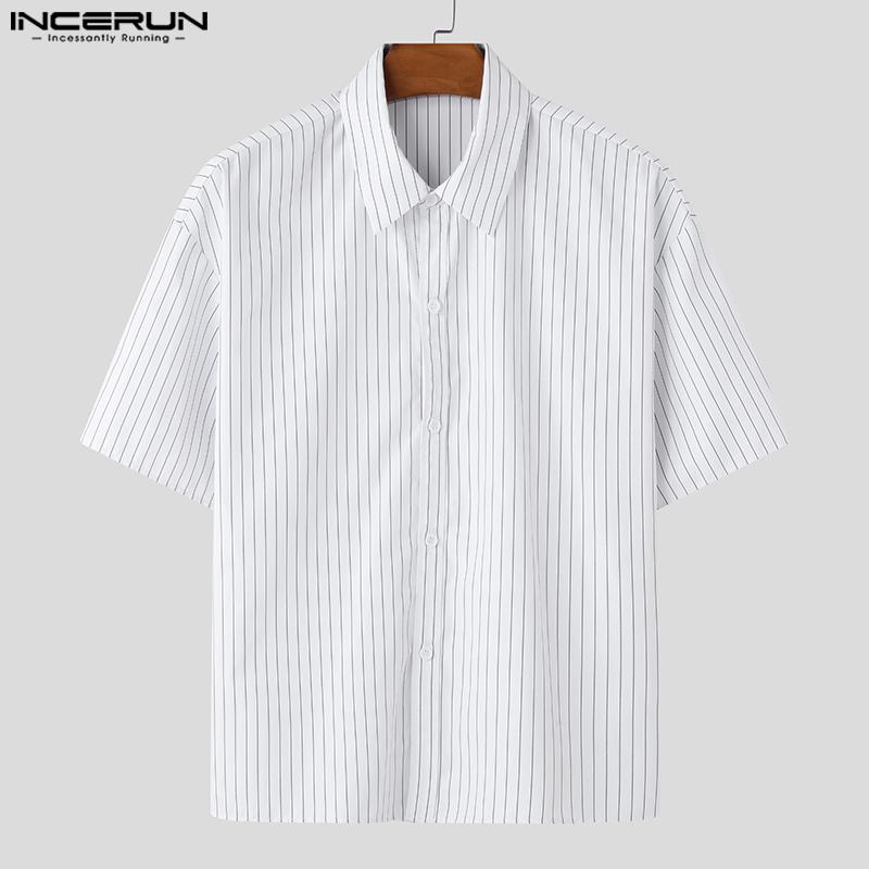 INCERUN Oversized Summer Men Turn-down Collar Short Sleeve Striped Buttons Casual Shirts