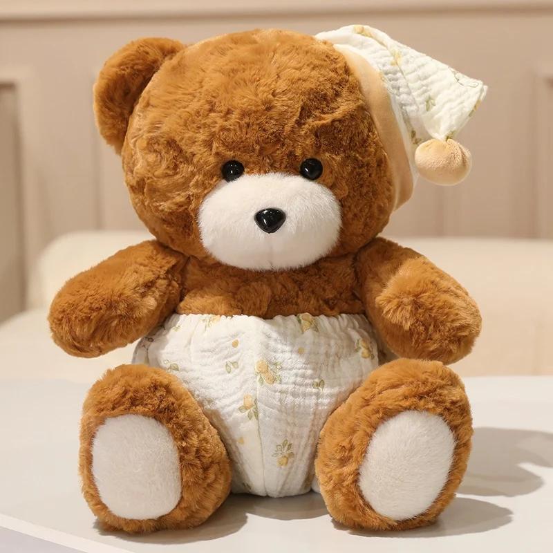 Peluche d'Ours Brun avec Bonnet de Nuit Fourrure Bouclée Douce Moelleuse Peluche Animale Poupée Pour Chambre à Coucher Décoration de la Maison Collection Cadeau Fille 25cm
