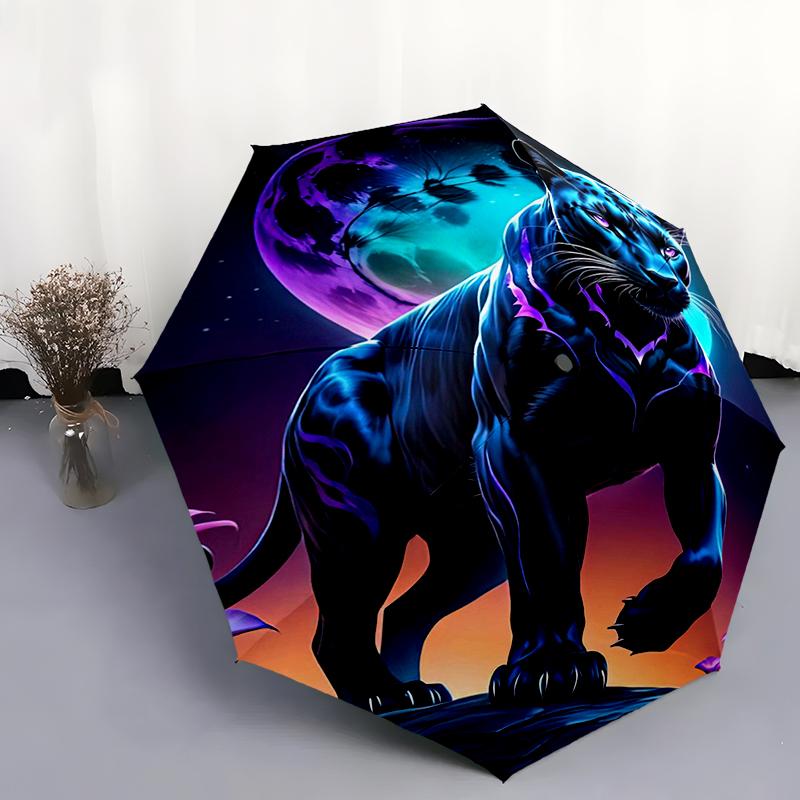 

1pc leopard Theme pattern Umbrella Portable Folding Umbrella Iron Frame Hole Bone Structure Outdoor Home Umbrella