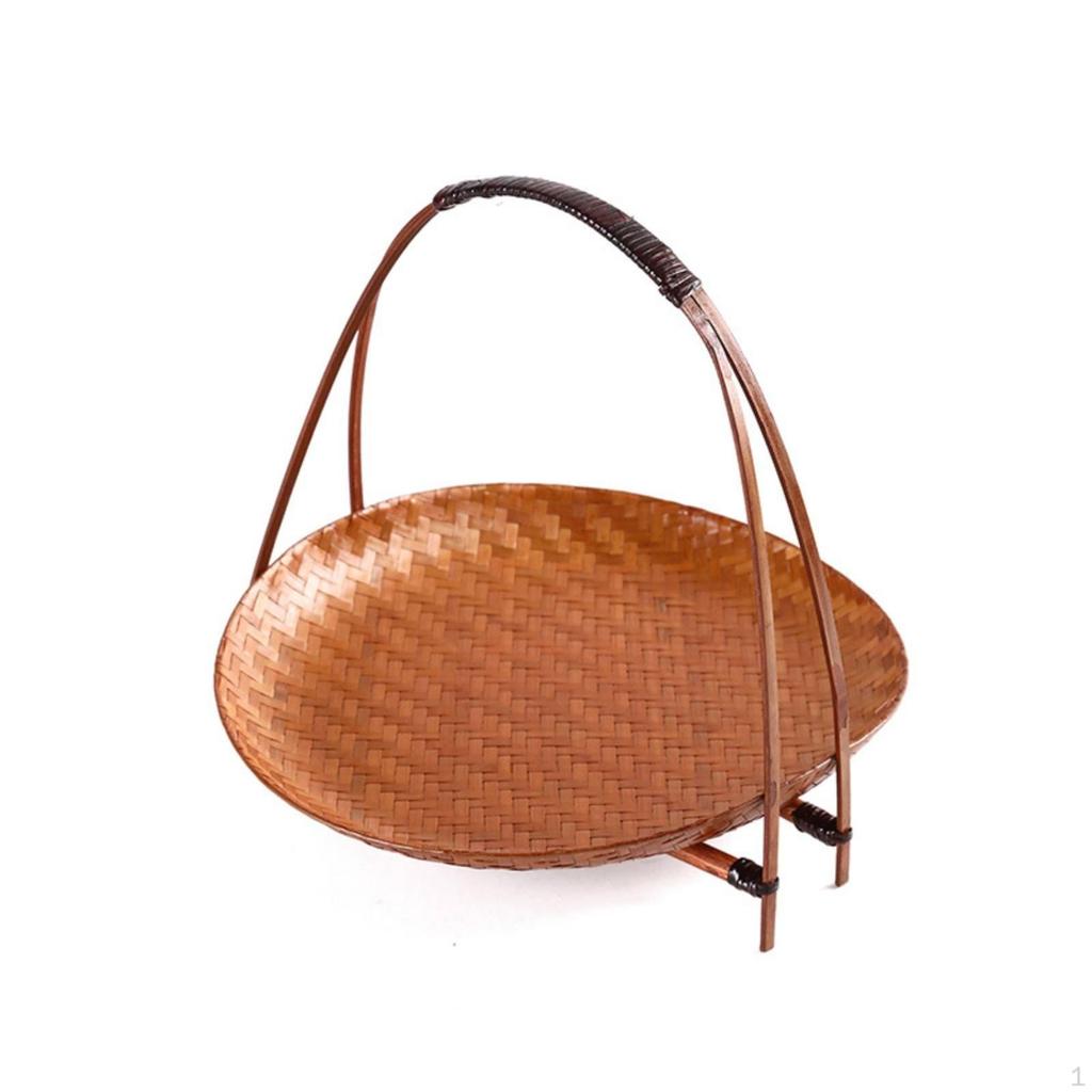 Woven Basket Tray with Stand Freestanding Bamboo Handle Decorative for