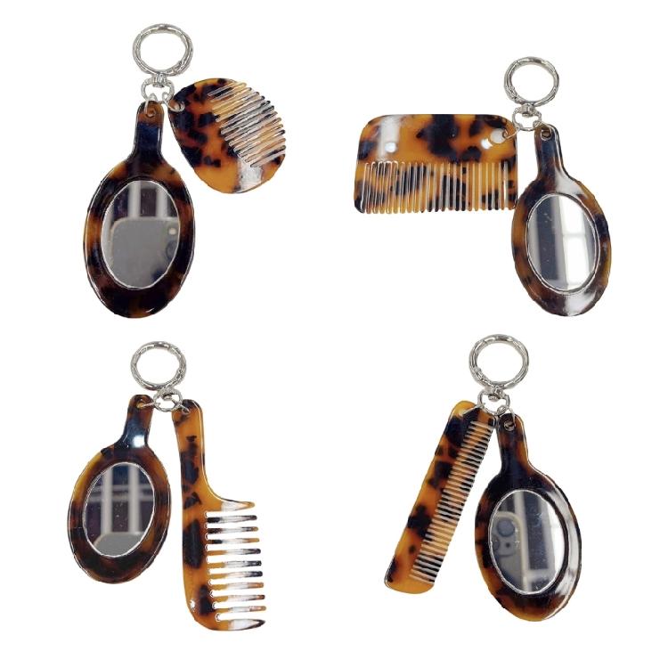 Leopard Comb Keychain with Makeup Mirror Pendant Fashionable Handmade Acetate Keyring Accessory Women Beauty Tool