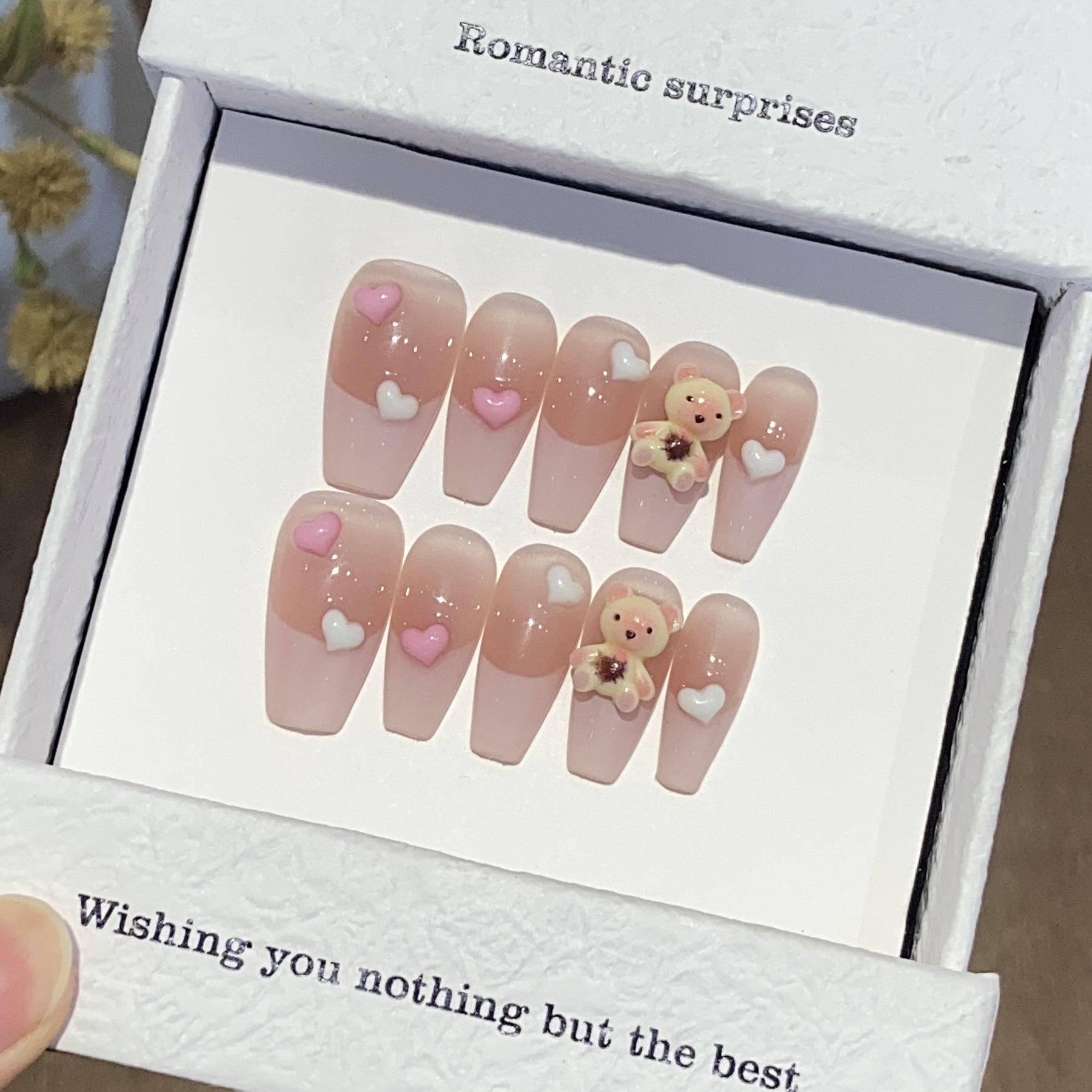 

Чистый ручной работы Мультяшный Милый Румянец Размазанный Французский Медвежьи Объятия Милый Маникюр L