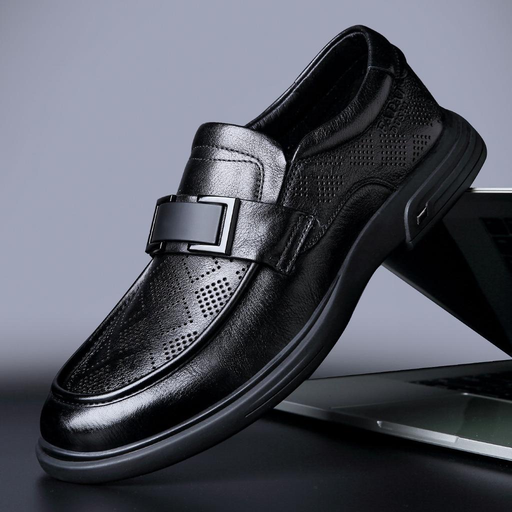 Autumn new men's business dress leather shoes one pedal loafers first layer cowhide fashion trend wedding derby shoes