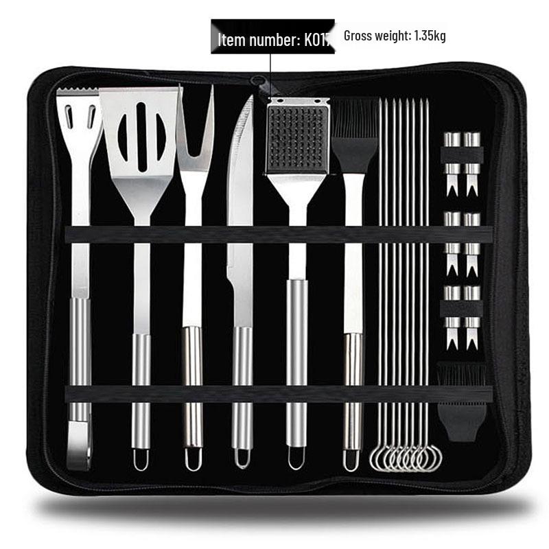 Meigo Stainless Steel BBQ Tool Set, 32 Pieces, with Portable Cloth and Aluminum Case Options, New.