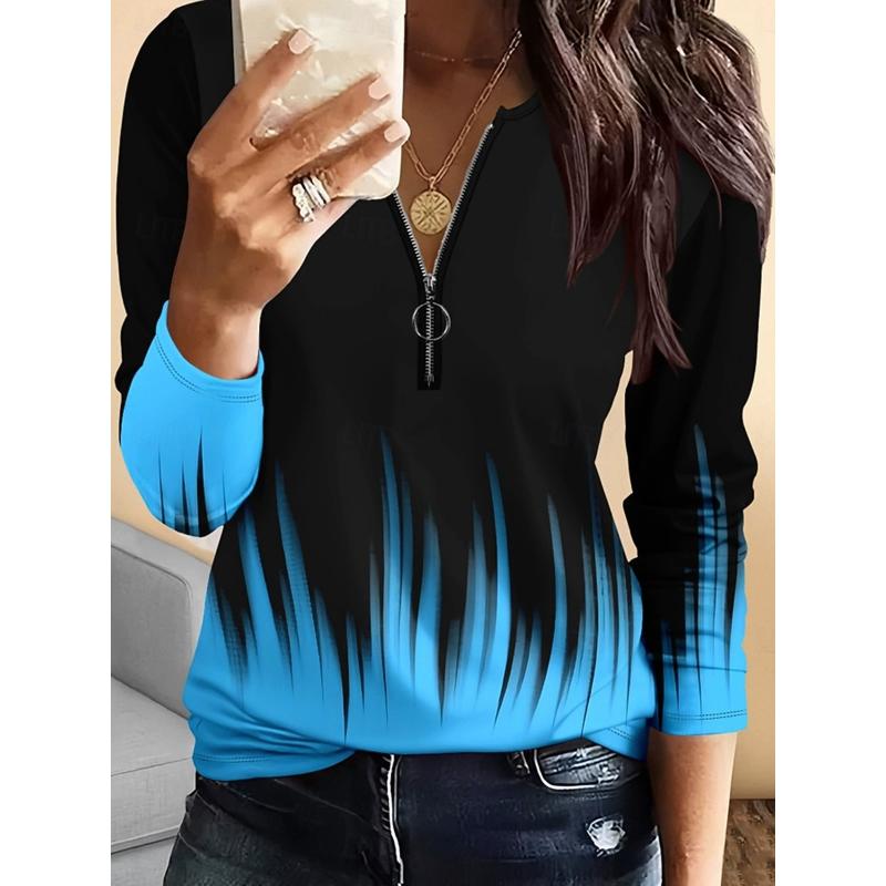 Women's T Shirt Ombre Graphic Vintage Fashion Stylish Long Sleeve Crew Neck Regular Tops Daily Zipper Print Yellow Blue