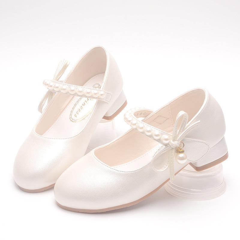 

Children s leather shoes with white bows, spring and autumn girls high-heeled princess shoes, little girls pearl single shoes 26Code/17.5cm белый