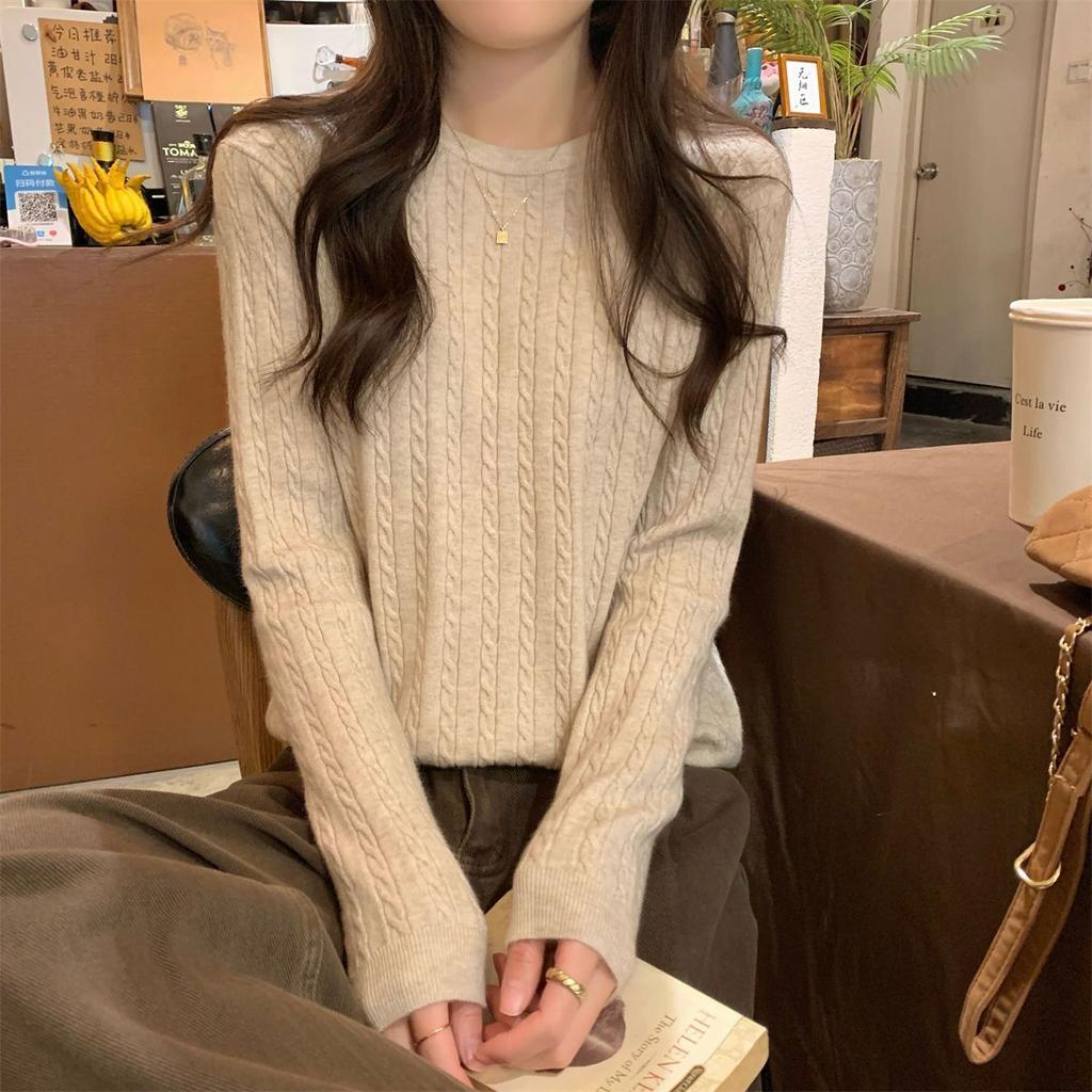 Round-neck Loose Knitted Sweater for Women Tweed Casual Sweater for Women Fashionable and Versatile Long-sleeved Pullover for Autumn and Winter