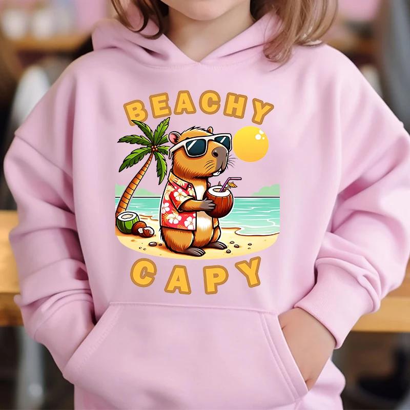 Cute Capybara Loves Bubble Tea Children's Hoodie Pink Autumn and Winter Girl's Top