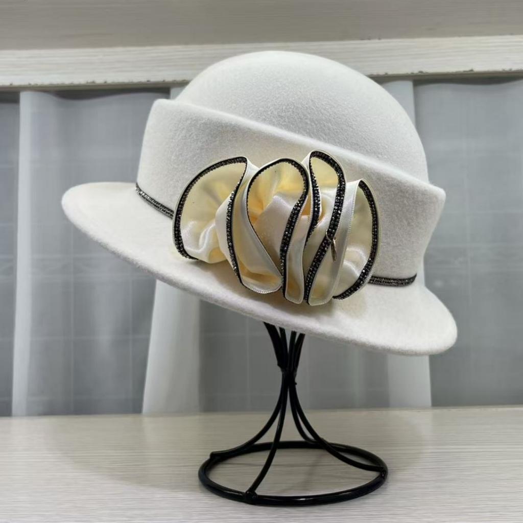British autumn and winter Australian wool top hat women's flower thousand gold wind fashion versatile small pot hat French retro top hat