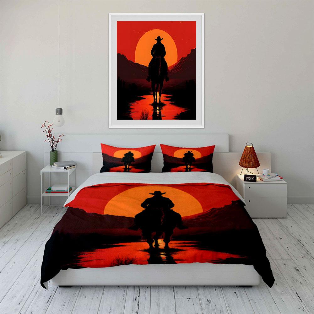 Sunset Cowboy Silhouette Print Bedding Set For Kids Luxury Gift 3Pcs Digital Print Comforter Set Soft Comfortable Breathable