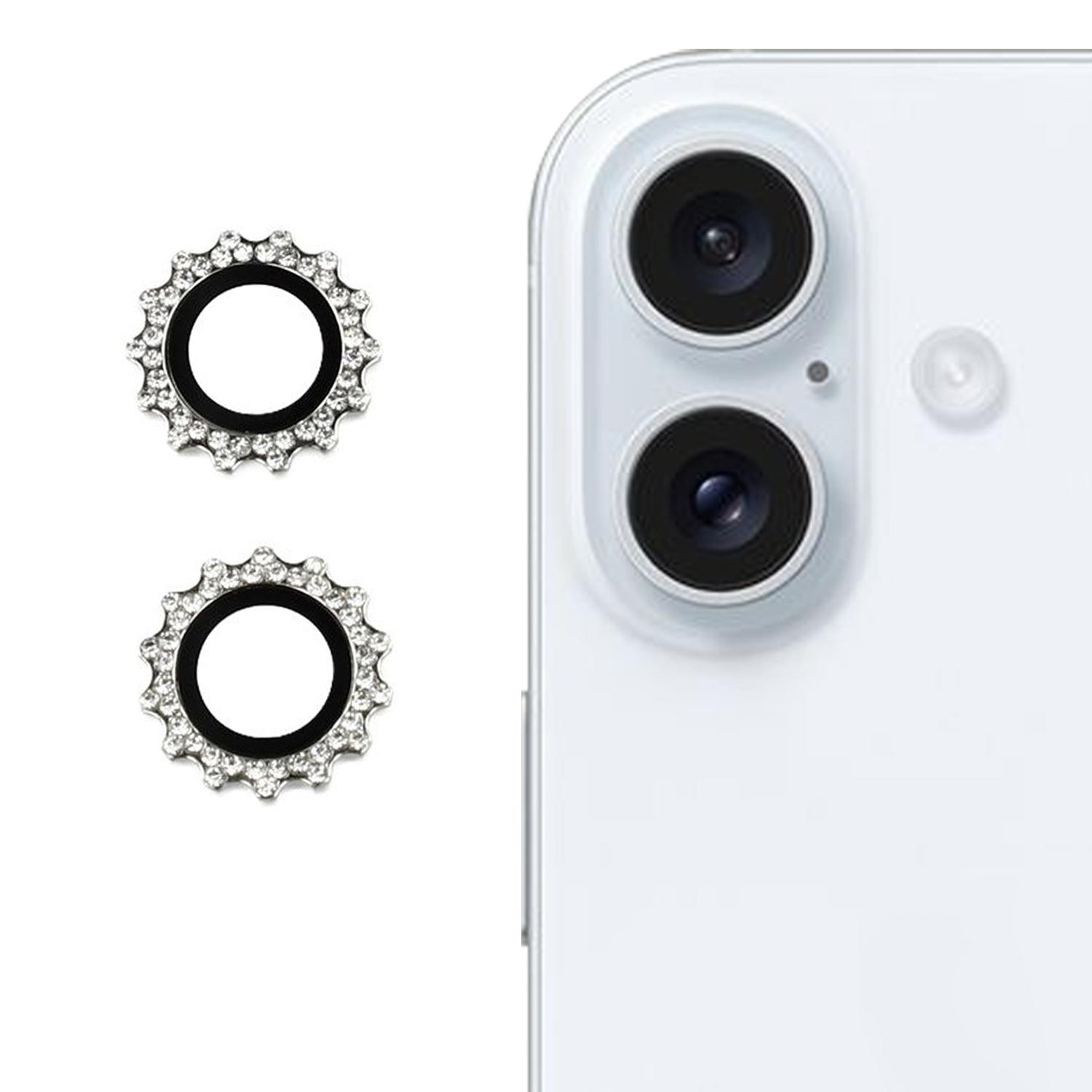 

1Set For iPhone 16/16 Plus Camera Lens Protector Gear Shape Rhinestone Decor Tempered Glass Lens Film Silver