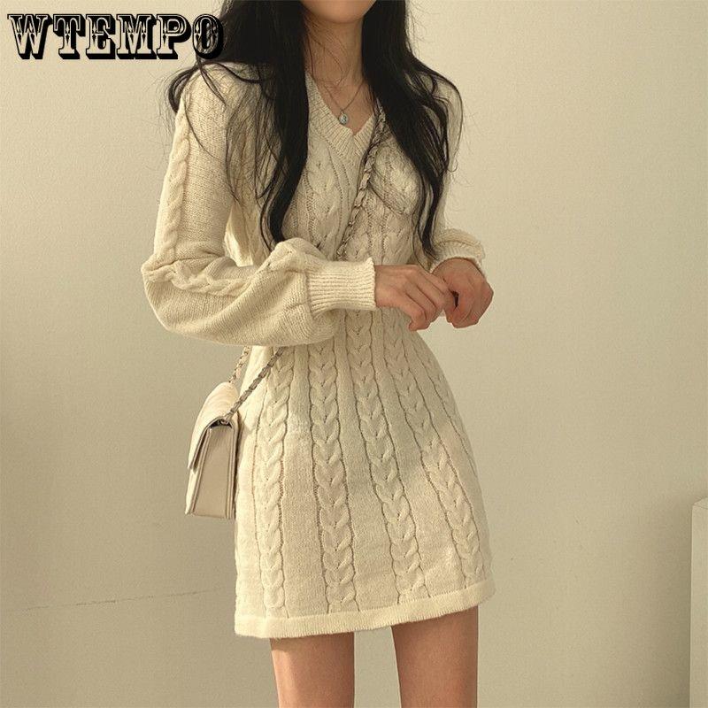 Spring and Autumn Women's V-neck Sweater Dress Knitted Waist Fashionable Lantern Long Sleeve A-line Dress
