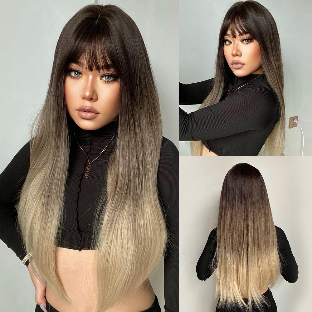 Long Straight Synthetic Wig with Bangs Dark Black Gray Hair Wigs for Women Cosplay Natural Hair Heat Resistant Layered Wigs