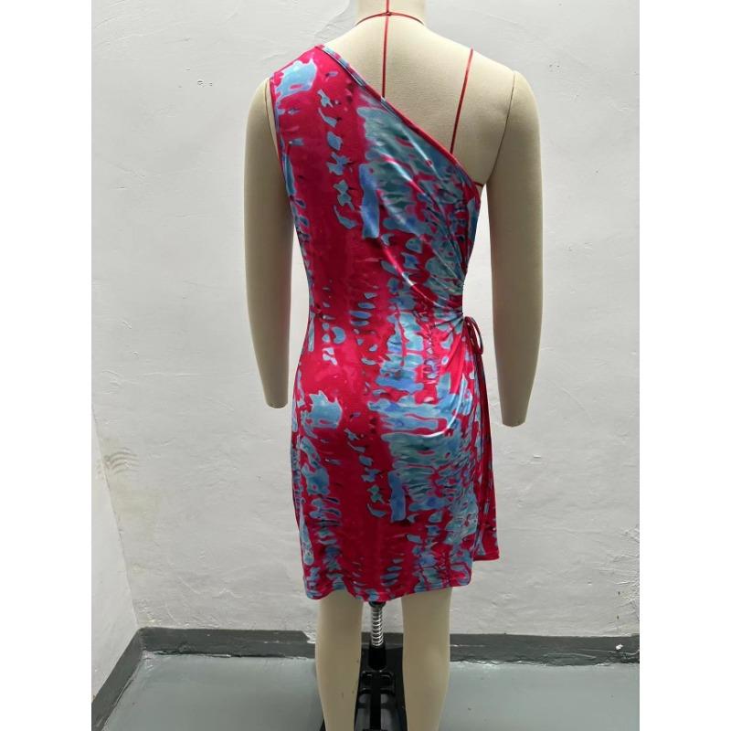 Sommer Bedrucktes Kordelzug Sexy Single-Shoulder Diagonalkragenkleid Damen