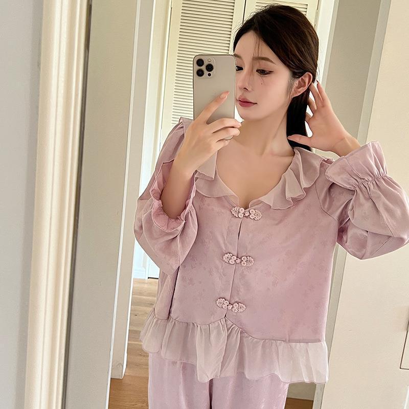 New pajamas women's spring and summer ice silk long-sleeved two-piece set sweet Chinese style high-end loungewear set